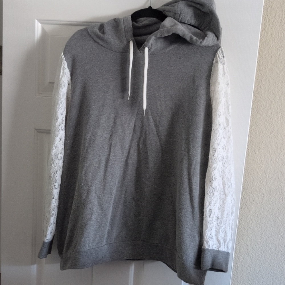 torrid Gray Hoodie Sweater with White Lace Sleeves